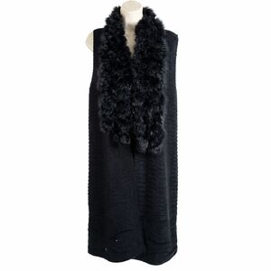 Mosnova Black Long Knit Faux Fur Trim Duster Vest Open Front Women's S/M